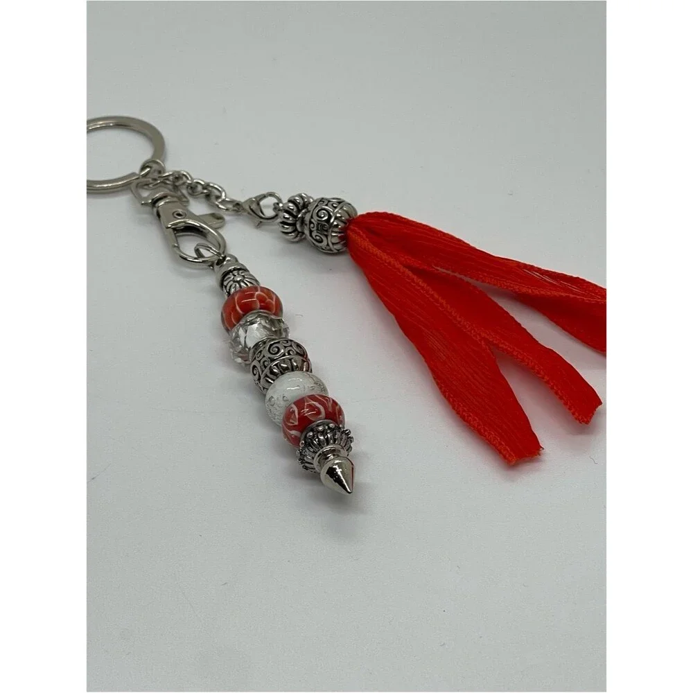 Hand-Crafted Orange Silver Silk Tassel Beaded Purse Bag Charm Keychain NWT